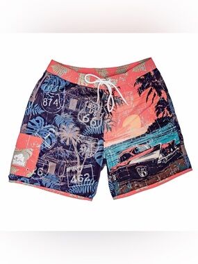 Men's Coral & Navy Road Trip Tropical Sunset Swim Trunks